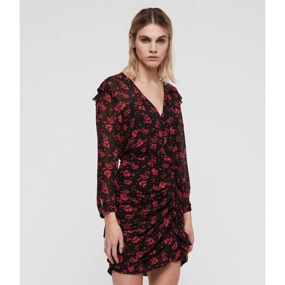 AllSaints Harlow Eira Red Floral Ruched V-Neck Long Sleeve Sheer Mini Dress XS - Picture 6 of 11